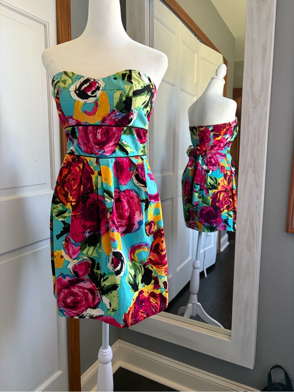 ARDEN B Strapless Floral Cocktail Dress SZ S Turquoise and Pink Cotton